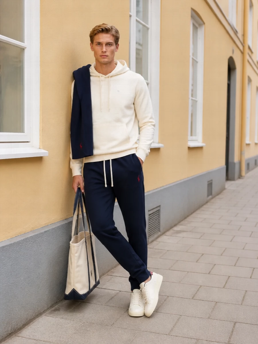 Tommy hilfiger cream hoodie navy joggers outfit