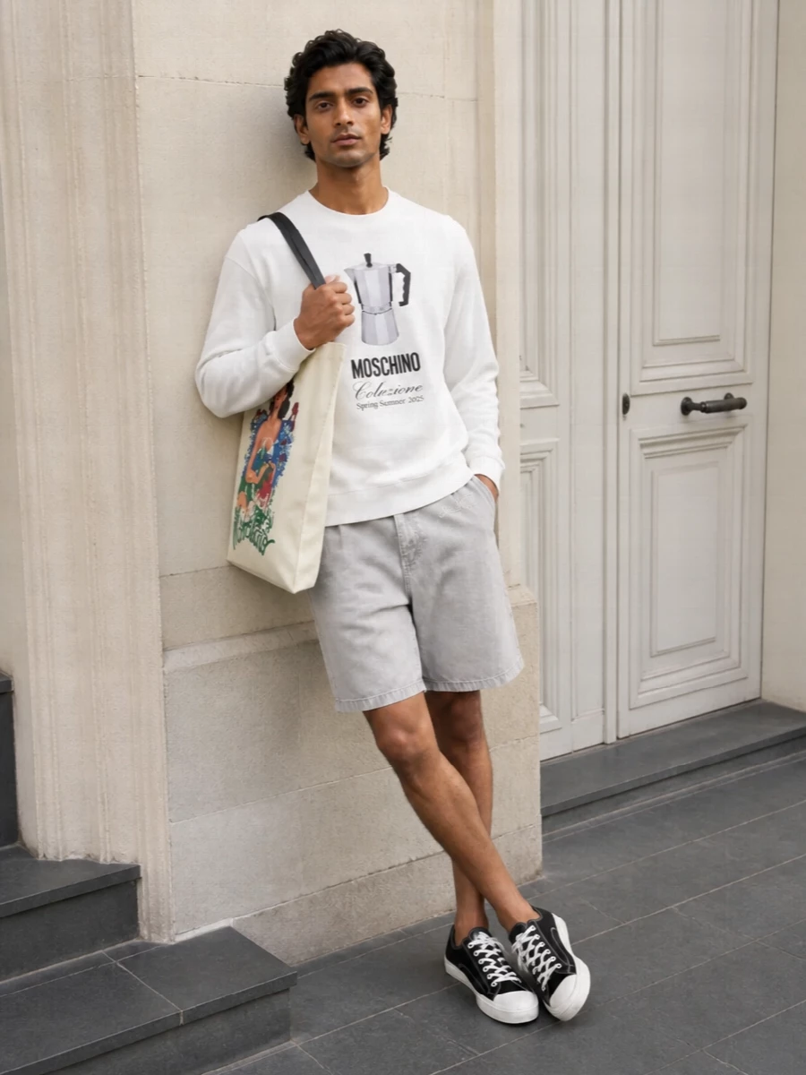 Moschino graphic sweatshirt grey shorts sneakers