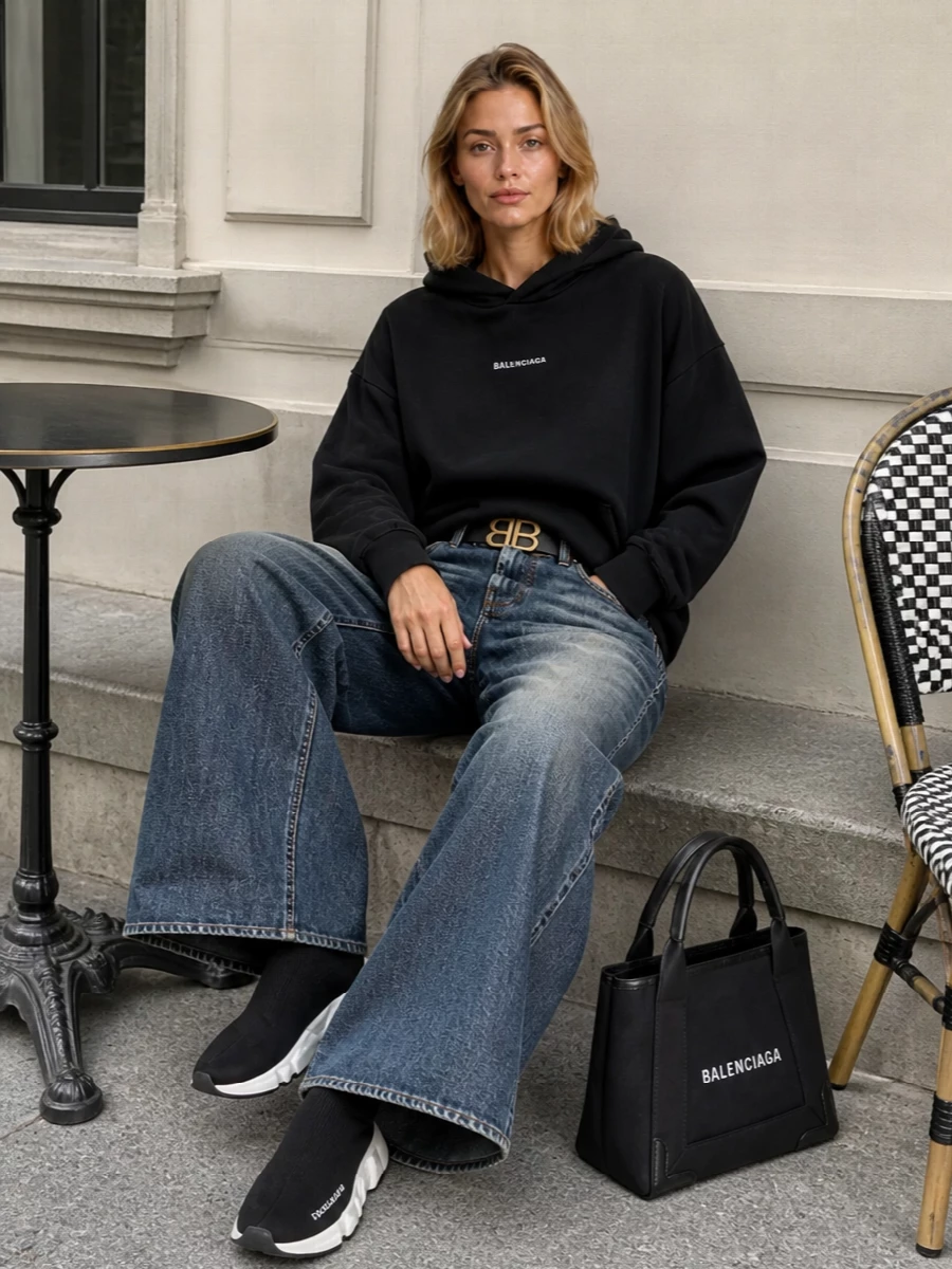 Balenciaga’s black logo hoodie sits over floor-sweeping faded wide-leg denim for a slouched, late‑night city uniform. Graphic black and white sneakers extend the streamlined line, while the structured logo tote and slim BB belt sharpen the ease with just enough definition. It is pure off-duty streetwear, but tuned to a quietly commanding, all‑Balenciaga register.