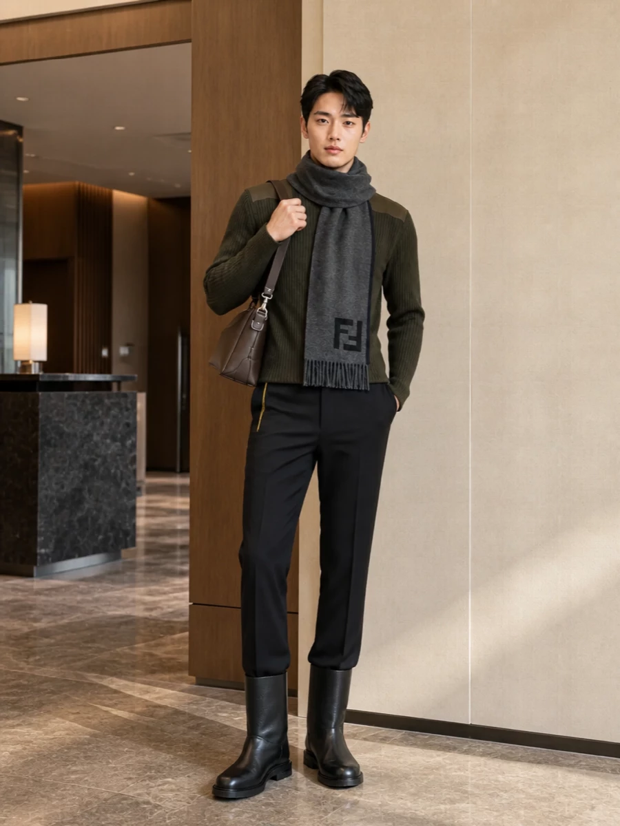 Fendi olive knit charcoal trousers black boots