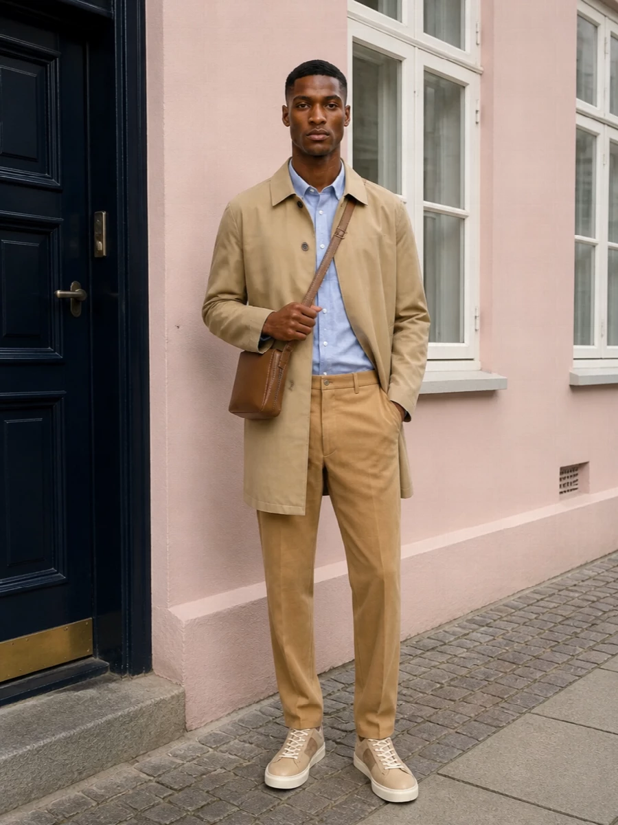 Barbour mac chambray shirt camel trousers
