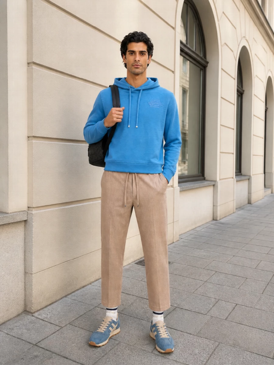 Etro blue hoodie beige trousers hogan sneakers