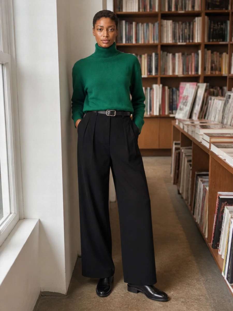 Frankie shop green turtleneck black wide leg trousers