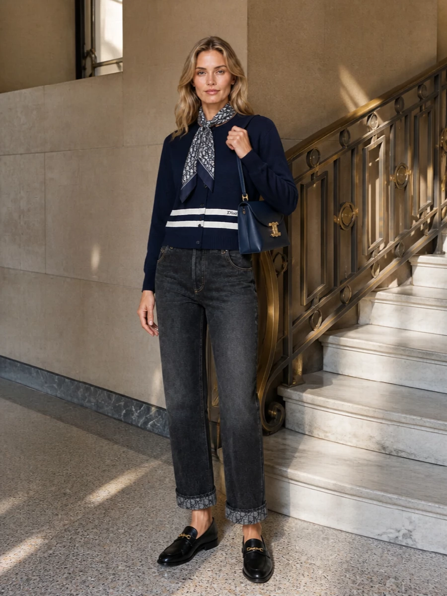 A navy crew cardigan meets washed-charcoal Dior denim for a polished, collegiate take on city dressing. Sleek black loafers and a structured navy top-handle keep the lines clean, while a subtle Dior scarf adds just enough heritage detail. The result is quietly luxurious, ideal from casual office days to weekend museum afternoons.