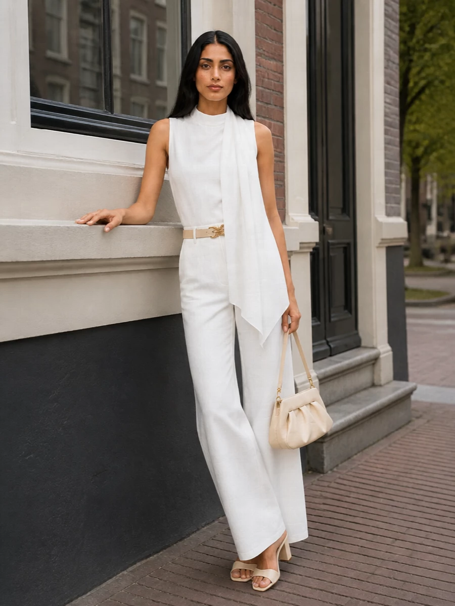 Parosh white wide leg jeans draped top outfit