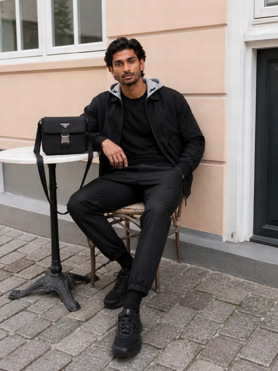 Prada black bomber technical trousers outfit