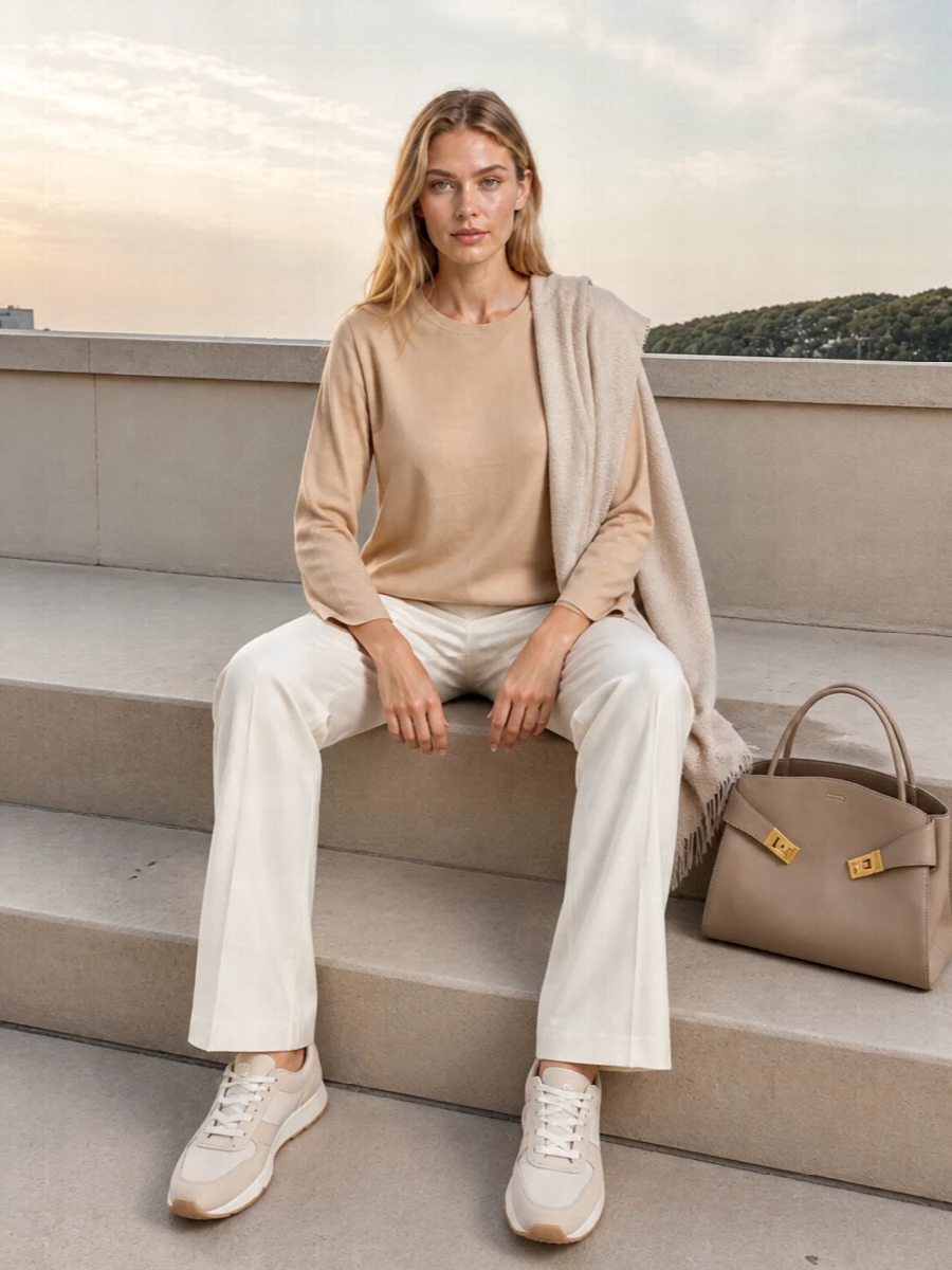 Fabiana filippi camel knit ivory trousers outfit