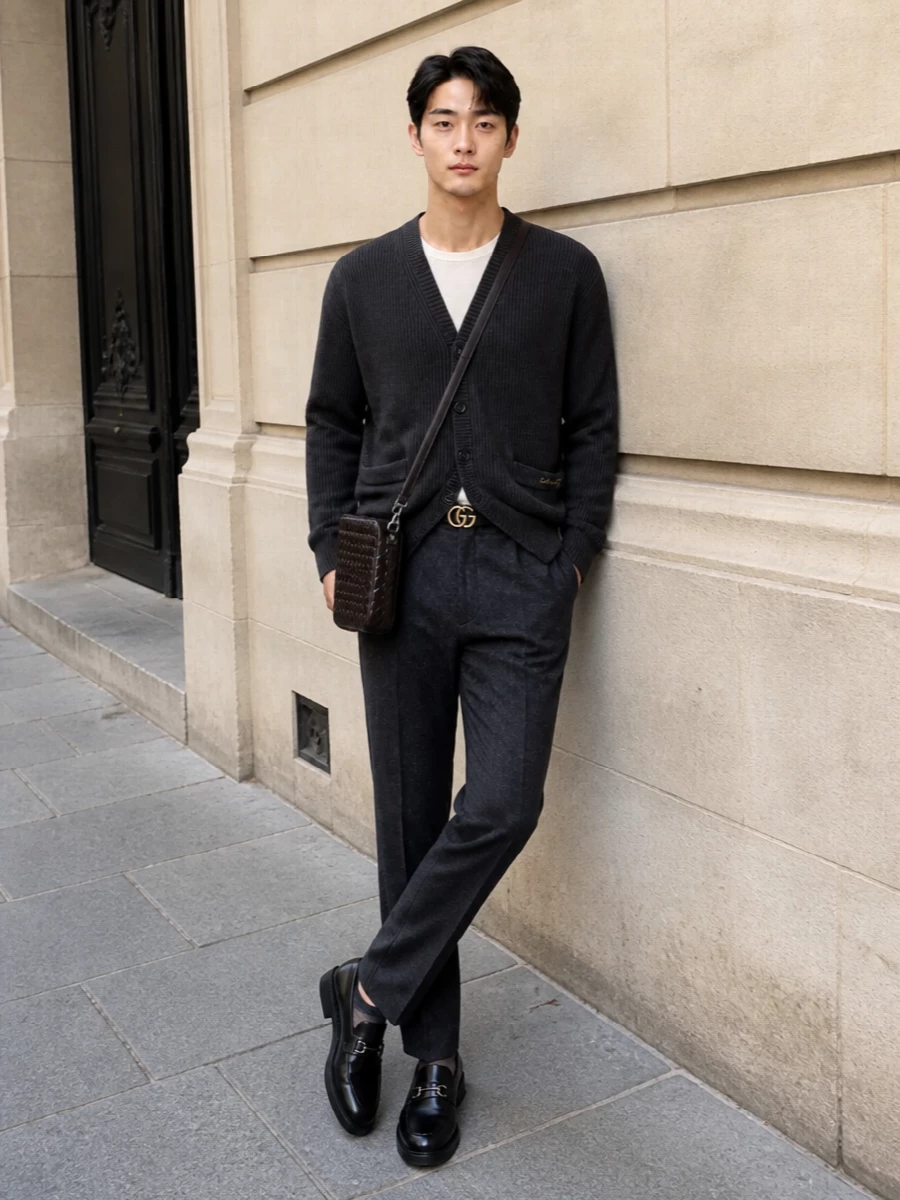 Gucci cardigan herringbone trousers outfit