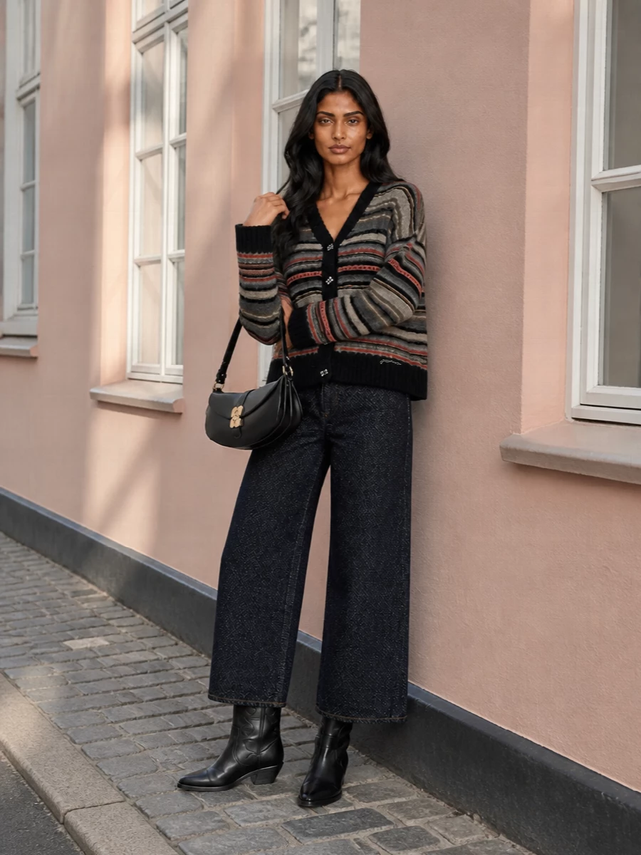Ganni cardigan wide leg jeans western boots