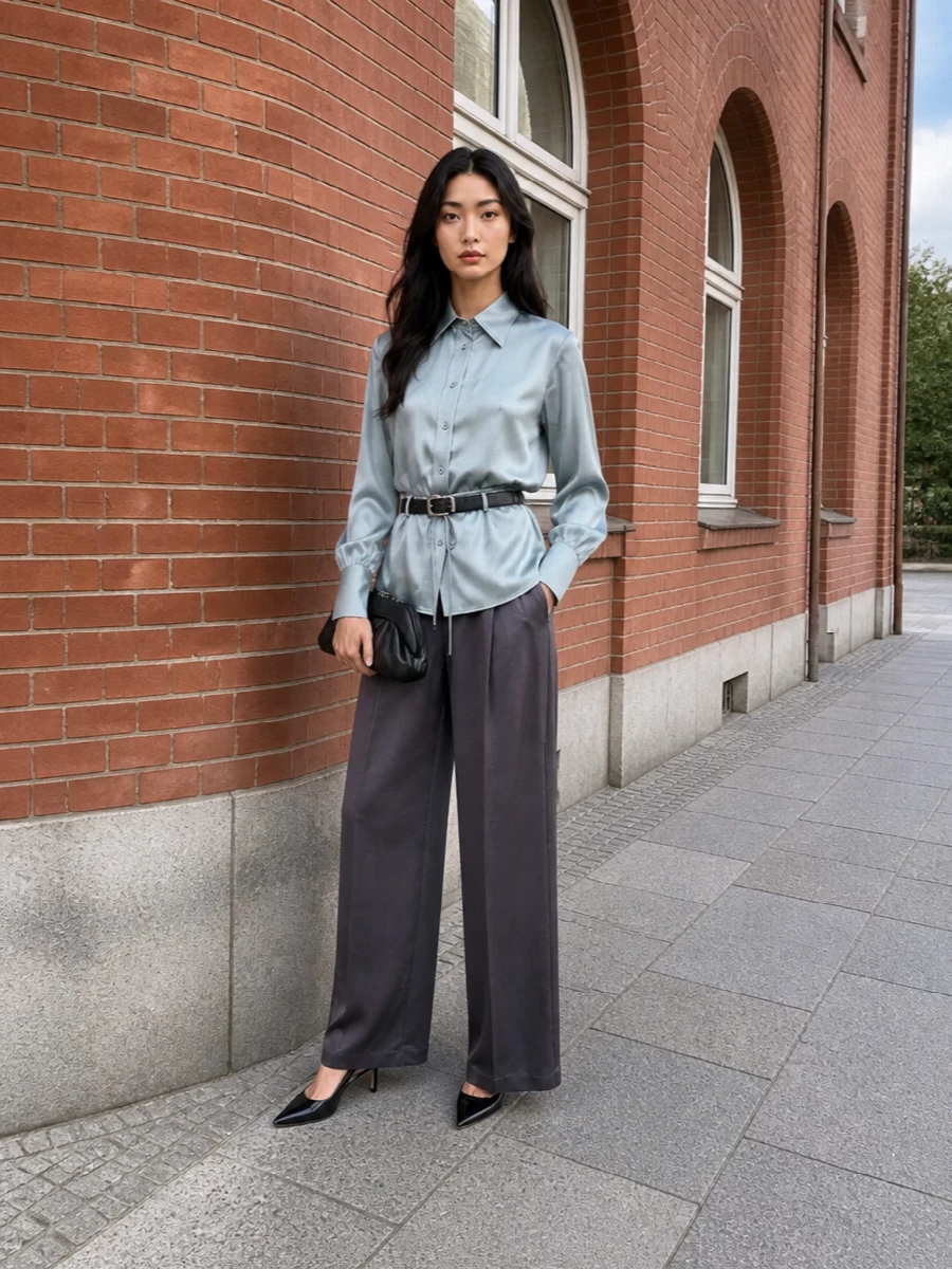 Satin tailoring in charcoal plum and steel blue creates a long, fluid line that feels polished yet relaxed for dinner or gallery evenings. A pointed black slingback and sculpted black clutch ground the sheen with precise graphic accents. The slim black belt adds just enough structure at the waist without interrupting the quiet, minimalist mood.