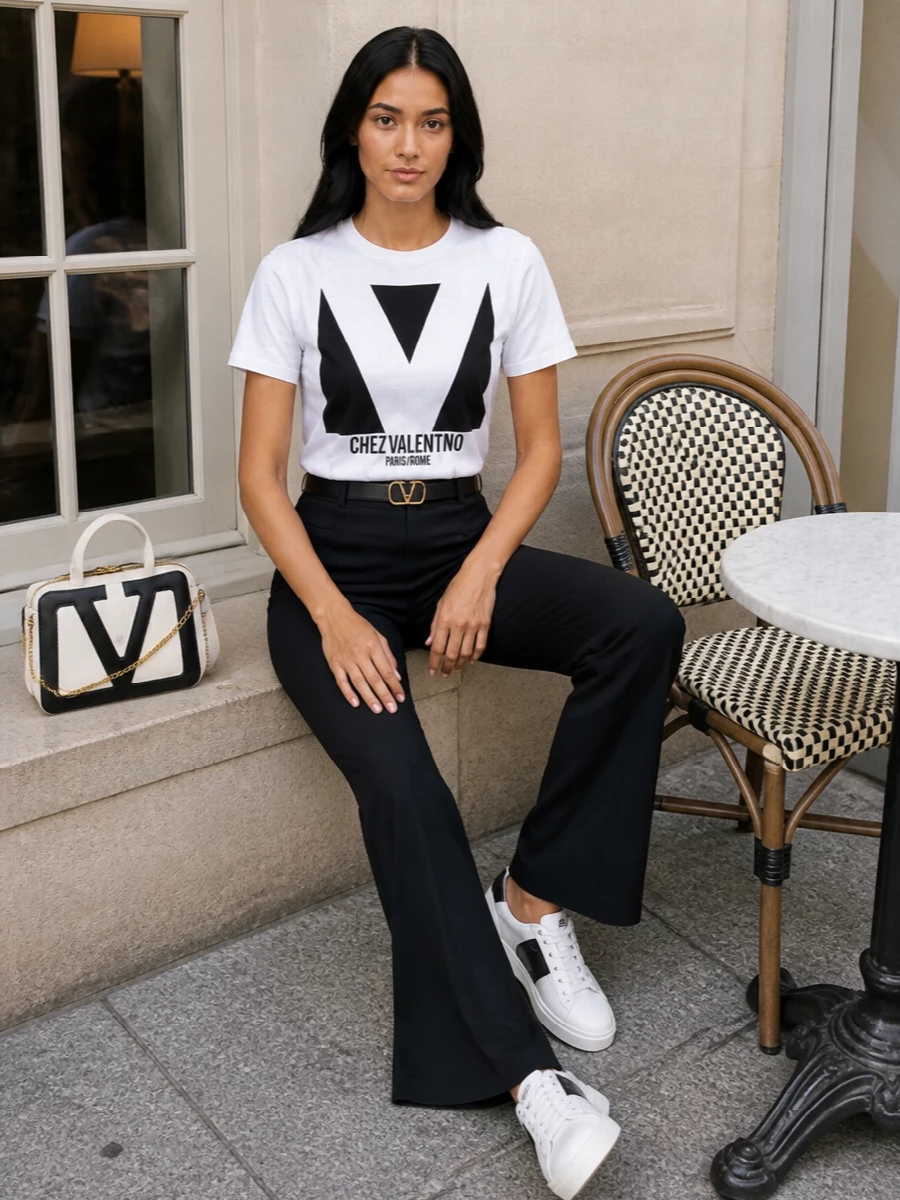 Valentino logo tee black flared trousers sneakers