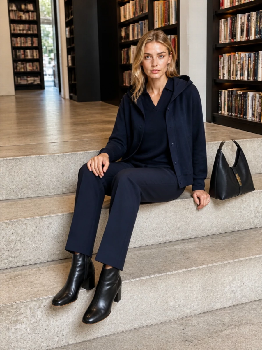 I’m building around separates rather than a dress so the hooded jacket can stay in its natural habitat of knits and tailored trousers, not compete with a one-piece silhouette. A navy-on-navy column of collared knit and straight-leg trousers keeps things calm and elongated, while black ankle boots and a softly structured navy hobo add just enough definition. The result is an easy, city-ready outfit that feels considered without looking styled within an inch of its life.