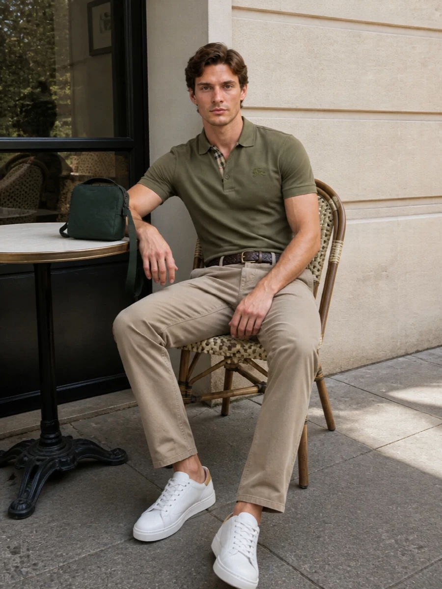 An olive piqué polo sits over soft taupe chinos for a clean, British take on smart summer dressing. Crisp white low-top sneakers and a tonal green crossbody keep the palette quiet and cohesive, while a slim braided belt finishes everything with subtle structure. It is the kind of outfit that moves easily from relaxed office days to weekend city lunches without ever feeling overdone.