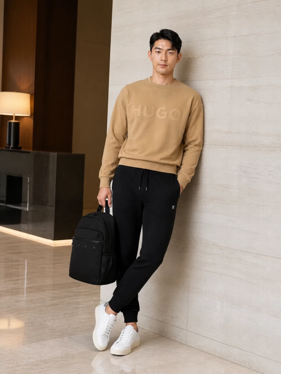 Hugo camel sweatshirt black joggers white sneakers