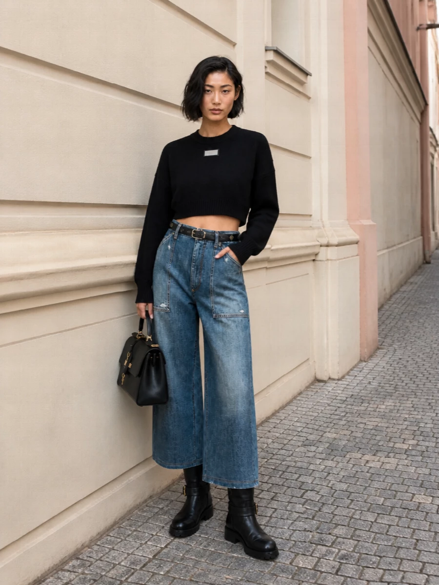 Dolce gabbana wide leg jeans black cropped sweater