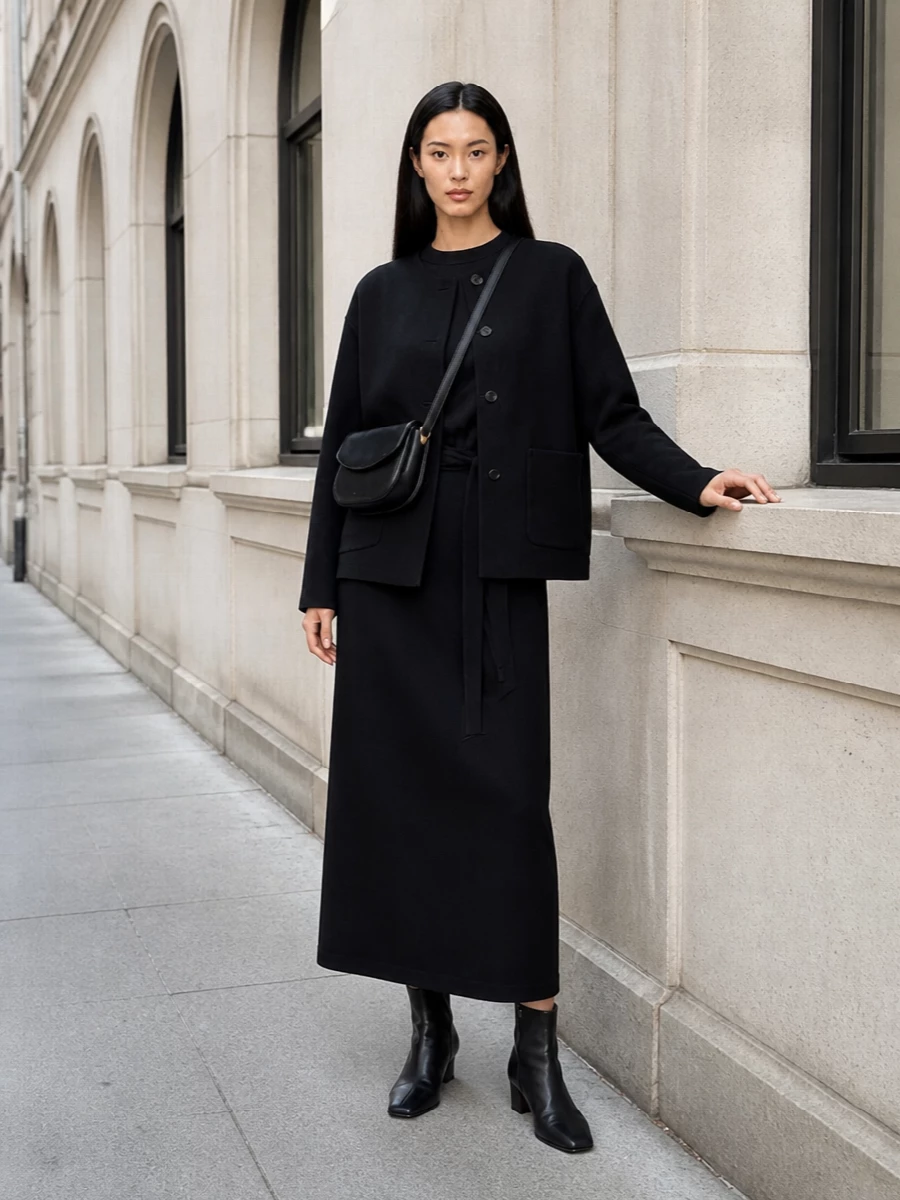 The row black coat midi dress outfit