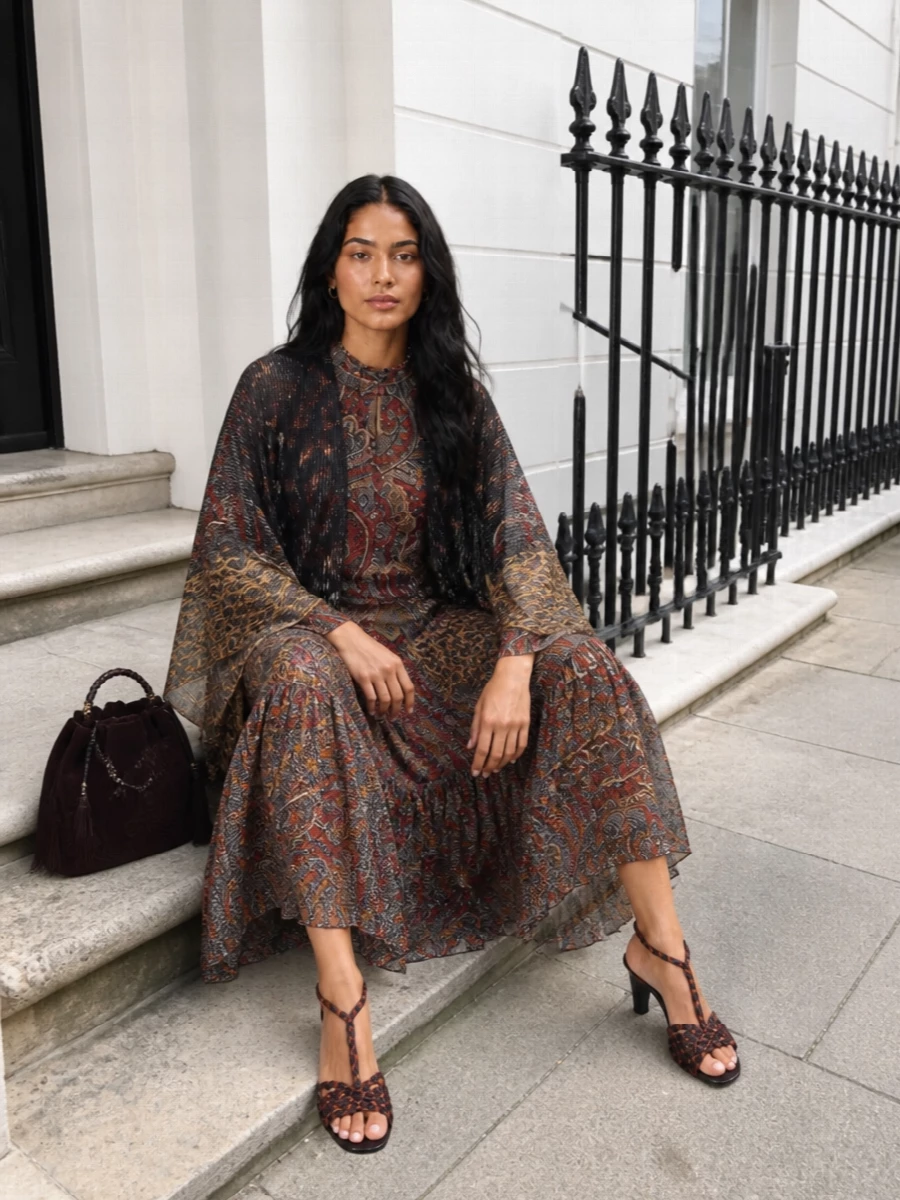 Etro paisley poncho tiered midi dress outfit