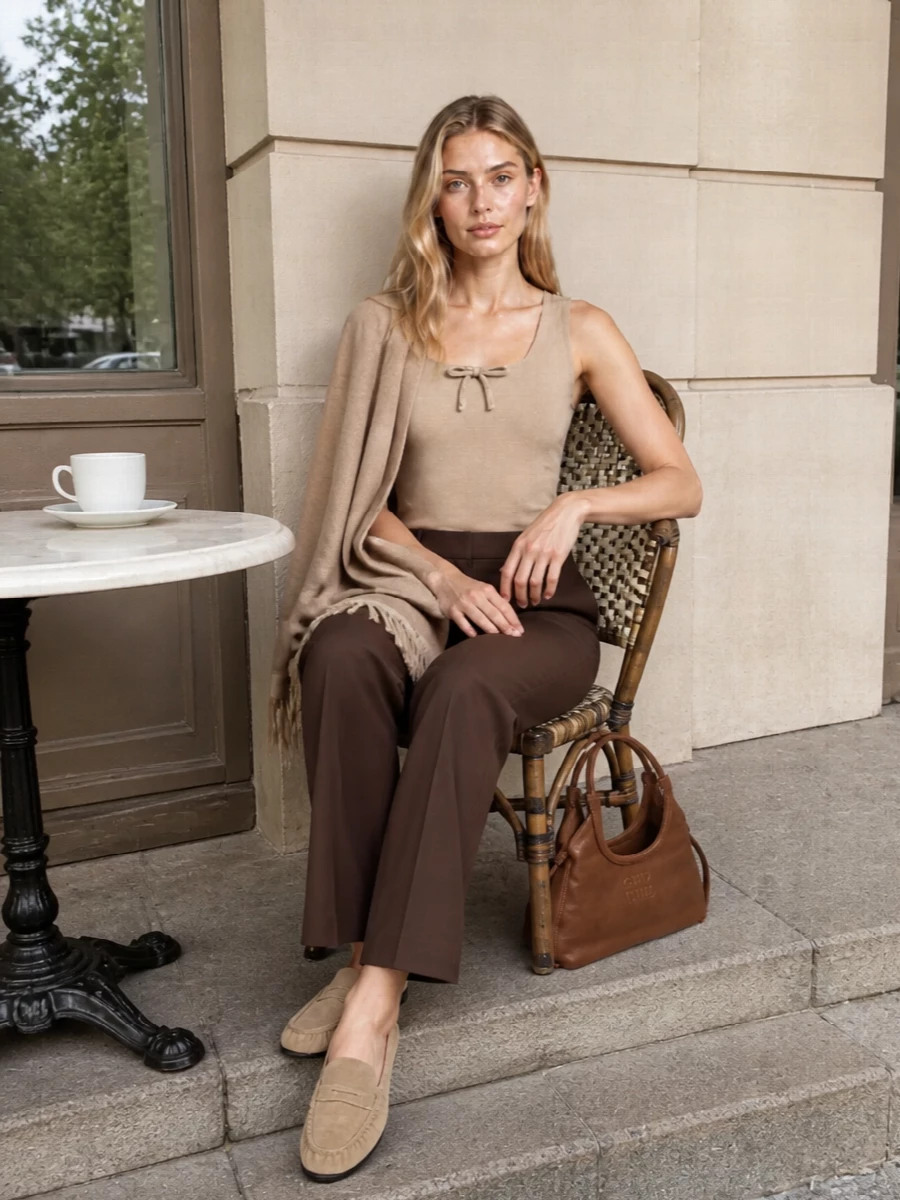 Camel and chocolate play quietly against each other here, the soft bodysuit grounding into clean, menswear-inflected tailoring. Suede-textured accessories and a structured shoulder bag add depth without noise, keeping everything relaxed yet precise in line. The result is off-duty calm that still feels fully considered for city days.