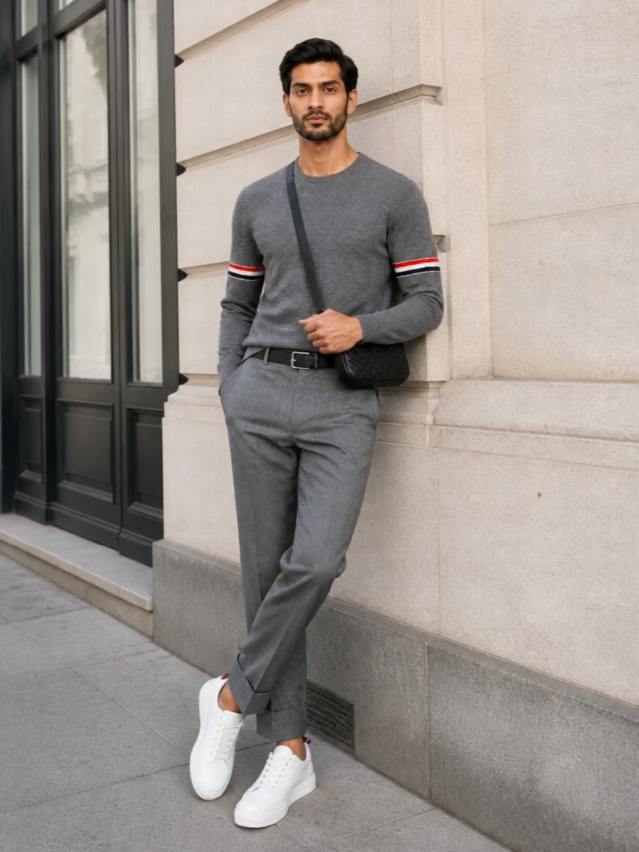 Thom browne grey knit cropped trousers outfit
