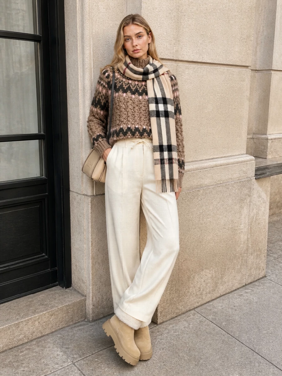 Fair isle sweater wide leg trousers winter outfit