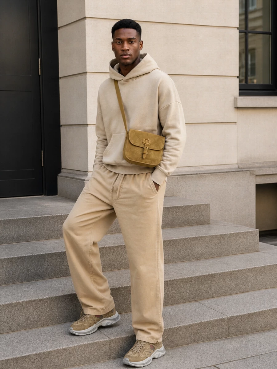 A warm neutral story built around Gucci’s worn-in khaki sneaker, this pairing of sand hoodie and camel drawstring trouser leans into relaxed proportions with a soft, quiet presence. The fluid pant line over the chunky sole keeps the silhouette modern, while the suede crossbody adds a discreet hit of Italian polish. It is off-duty and designer without feeling shouty, ideal for city days in light tones.
