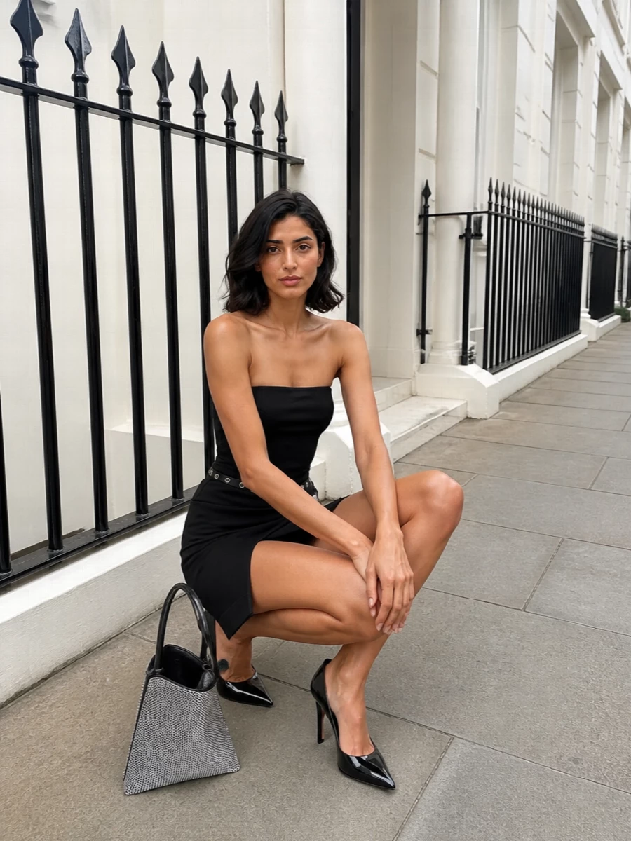 The attico black strapless mini dress outfit