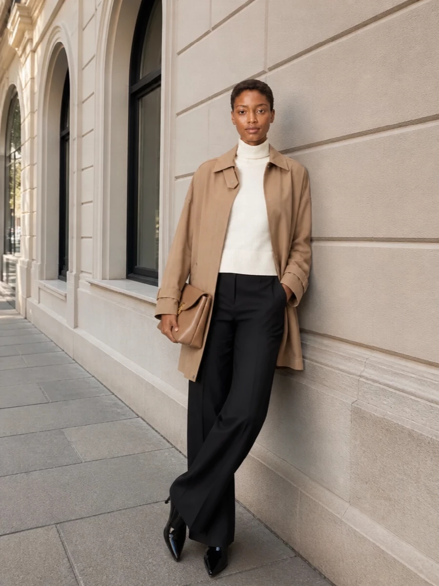 I’m anchoring this with separates rather than a dress so the coat can read as a softly oversized top layer over a strong, elongated trouser line. The ivory turtleneck, black wide-leg trousers and pointed ankle boots give a precise camel-ivory-black triad, quietly polished enough for meetings yet relaxed for city errands. The structured camel shoulder bag ties back to the coat and keeps everything firmly in that Scandinavian quiet-luxury universe.
