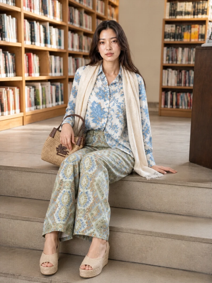 Etro floral shirt wide leg jeans espadrilles