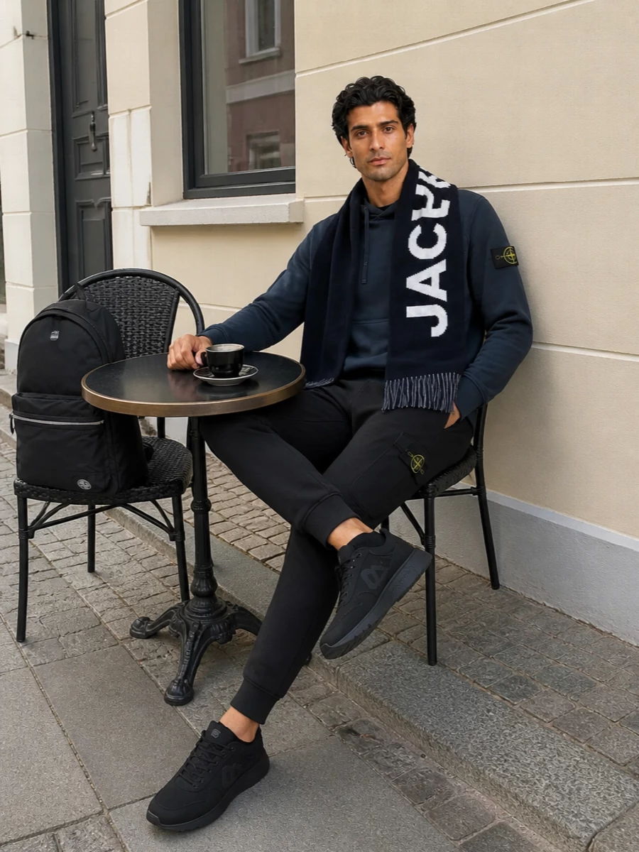 A dark navy Stone Island hoodie sits over sharp black tapered track pants for a clean, athletic base. All-black runners keep the line fast and low key, while the nylon backpack and navy logo scarf bring a functional, city-ready finish. The palette stays tight in navy, black and small hits of yellow, so the whole outfit feels intentional and easy to wear on repeat.