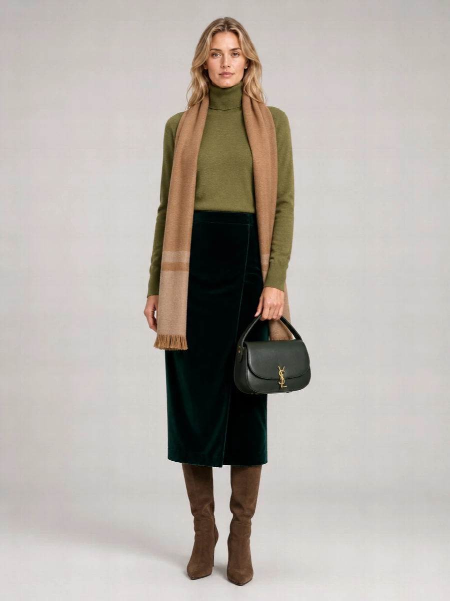 Olive on deep forest creates a tonal column that feels intentional without being loud, the velvet midi giving the knit a more sculpted, evening-ready line. Mocha suede and camel accents soften the palette, keeping everything warm and quietly polished for winter days that might stretch into night.