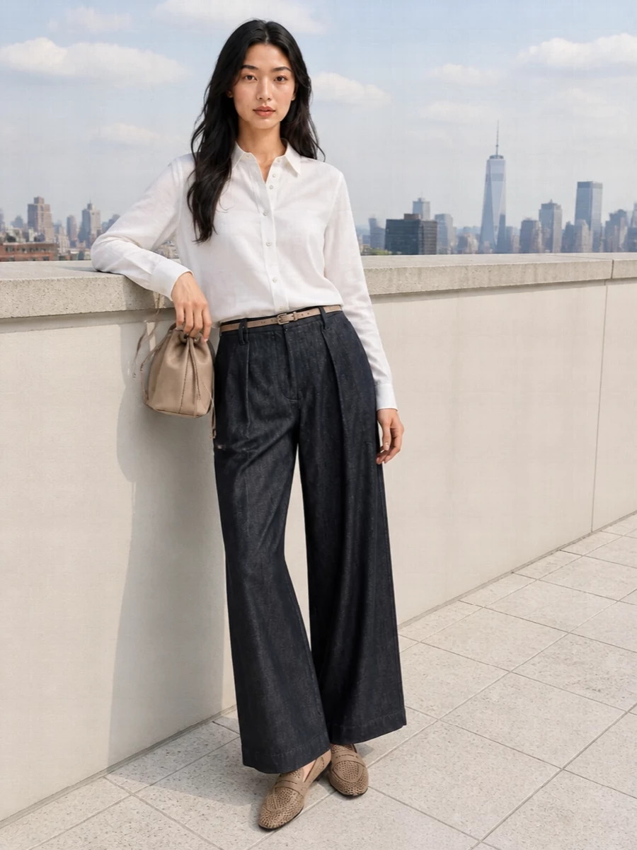 Ink navy wide leg trousers white shirt outfit