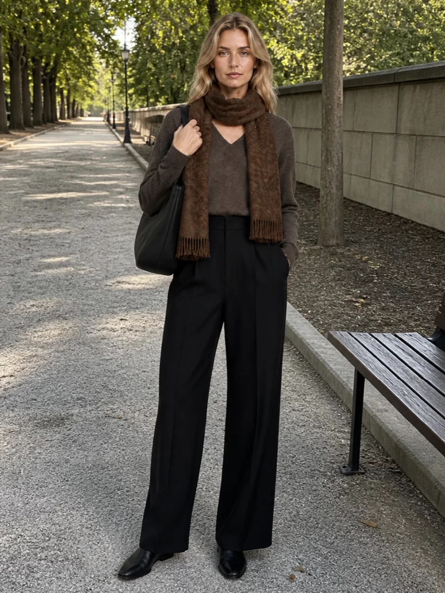 Deep taupe knit and high-waisted black wool trousers create a long, quiet column that feels composed yet easy. Sleek sock boots and an architectural tote keep the lines sharp, while the dark brown scarf adds a low-key warmth that softens the graphic contrast. The result is a neutral, grown-up pairing that slips from meetings to late dinners without ever feeling overthought.