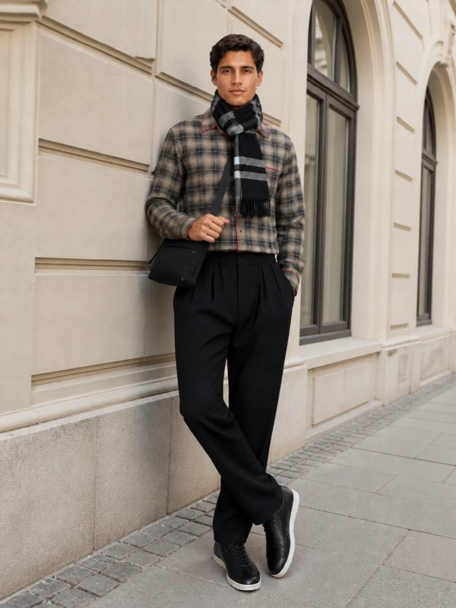 Marni check shirt black pleated trousers outfit
