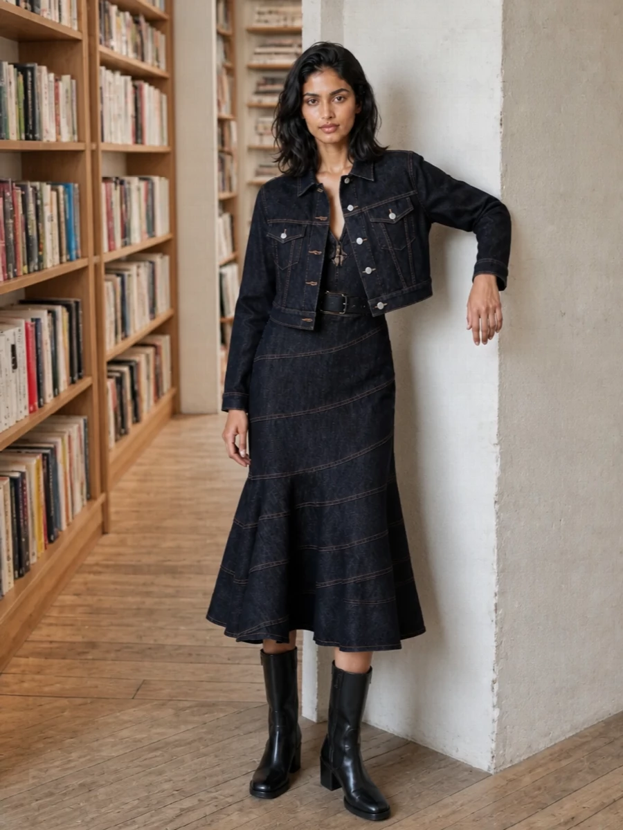 Haikure jacket self portrait denim midi outfit