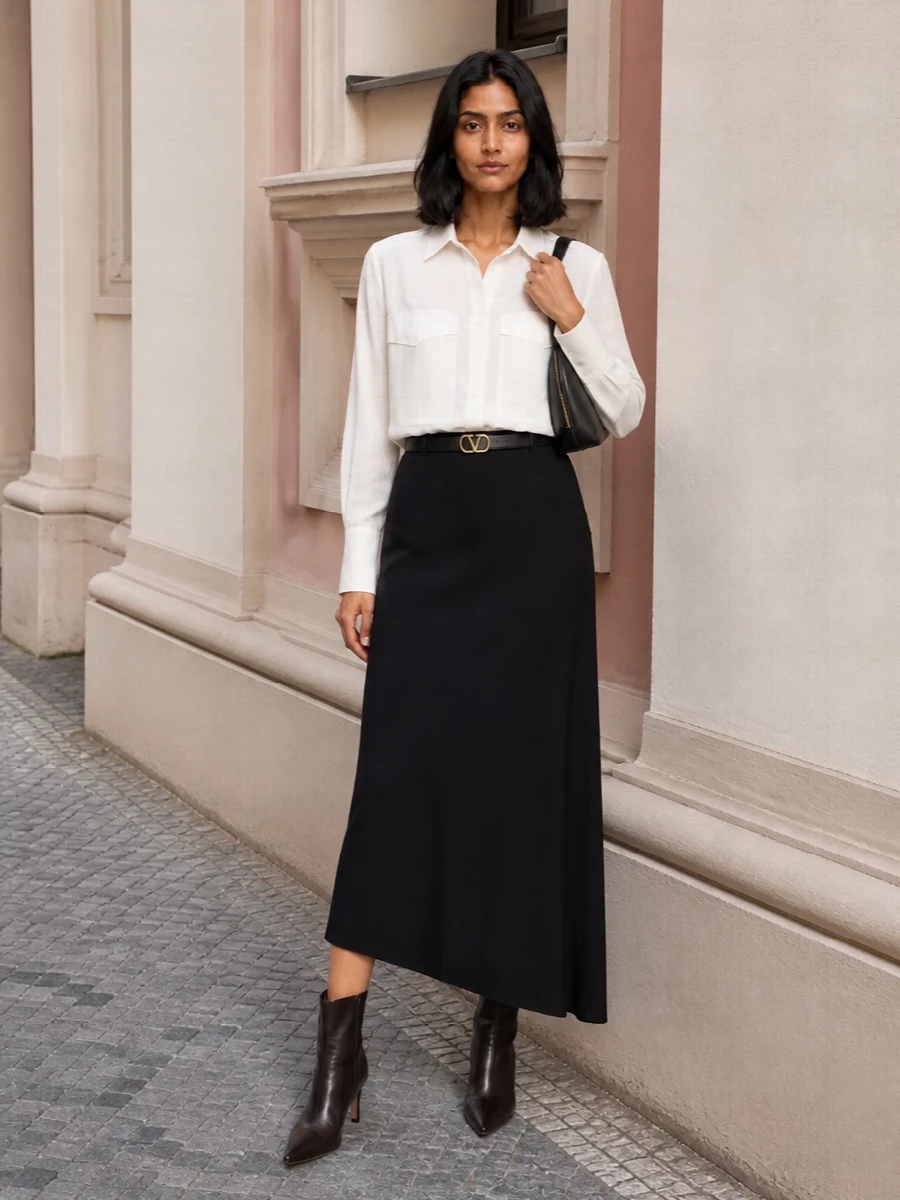 Victoria beckham white shirt black midi skirt outfit