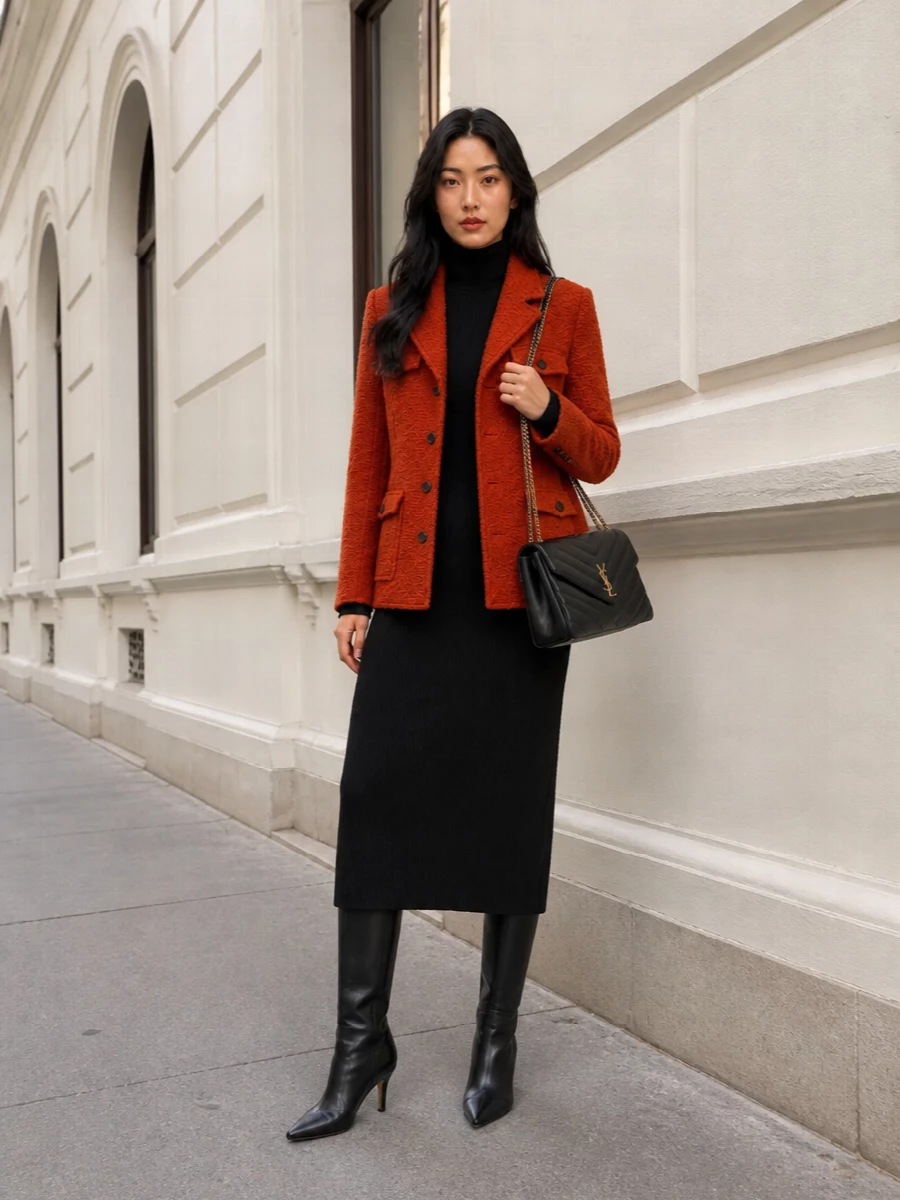 I am building around the dress, not separate tailoring, so the coat sits over a single, uninterrupted black knit column for maximum polish. The ribbed midi and pointed knee boots create that long Saint Laurent line, while the chevron-quilted shoulder bag quietly ties the black accents on the coat’s buttons into a coherent, city-ready palette. Burnt orange, deep charcoal and black stay firmly in the refined, cold-weather universe of the original coat without competing layers of tailoring underneath.