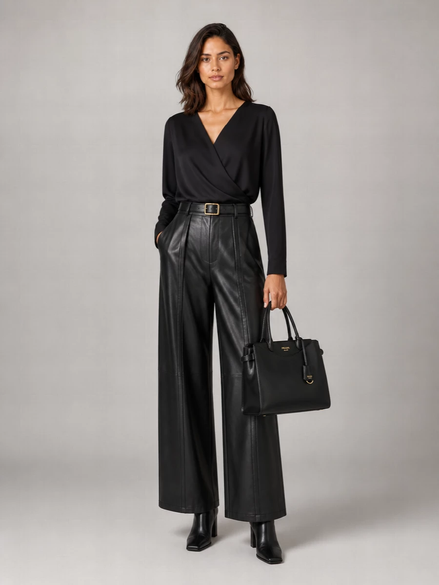 Emporio Armani Lamb Leather Paneled Wide-Leg Trousers