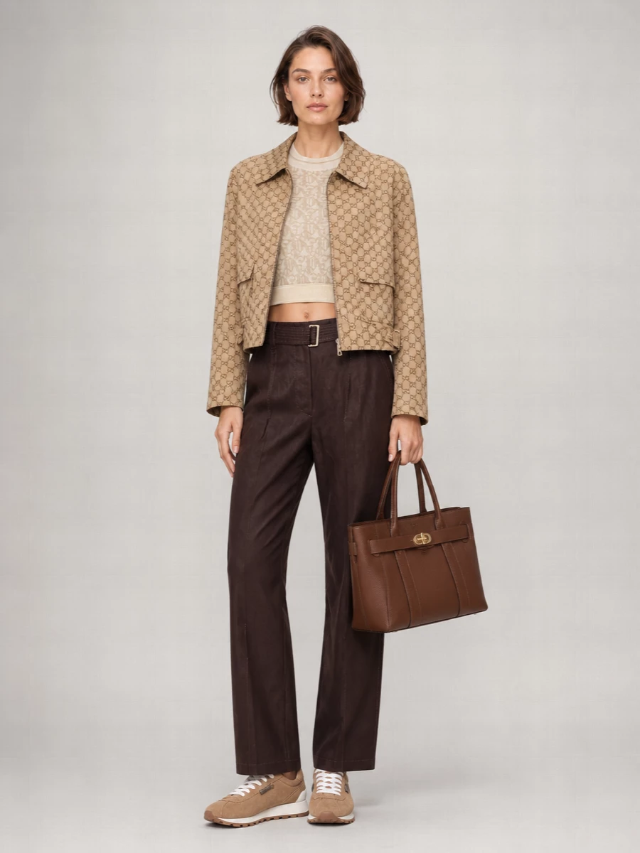 I’m styling the Gucci monogram jacket with separates rather than a dress so the heritage logo can sit against clean, tailored lines instead of competing with another statement piece. The Palm Angels knit brings a modern logo echo and cropped proportion, the Brunello Cucinelli chocolate trouser and runner ground everything in quiet tailoring, and the Mulberry tote finishes it as a polished, preppy city uniform in warm camel and brown tones.