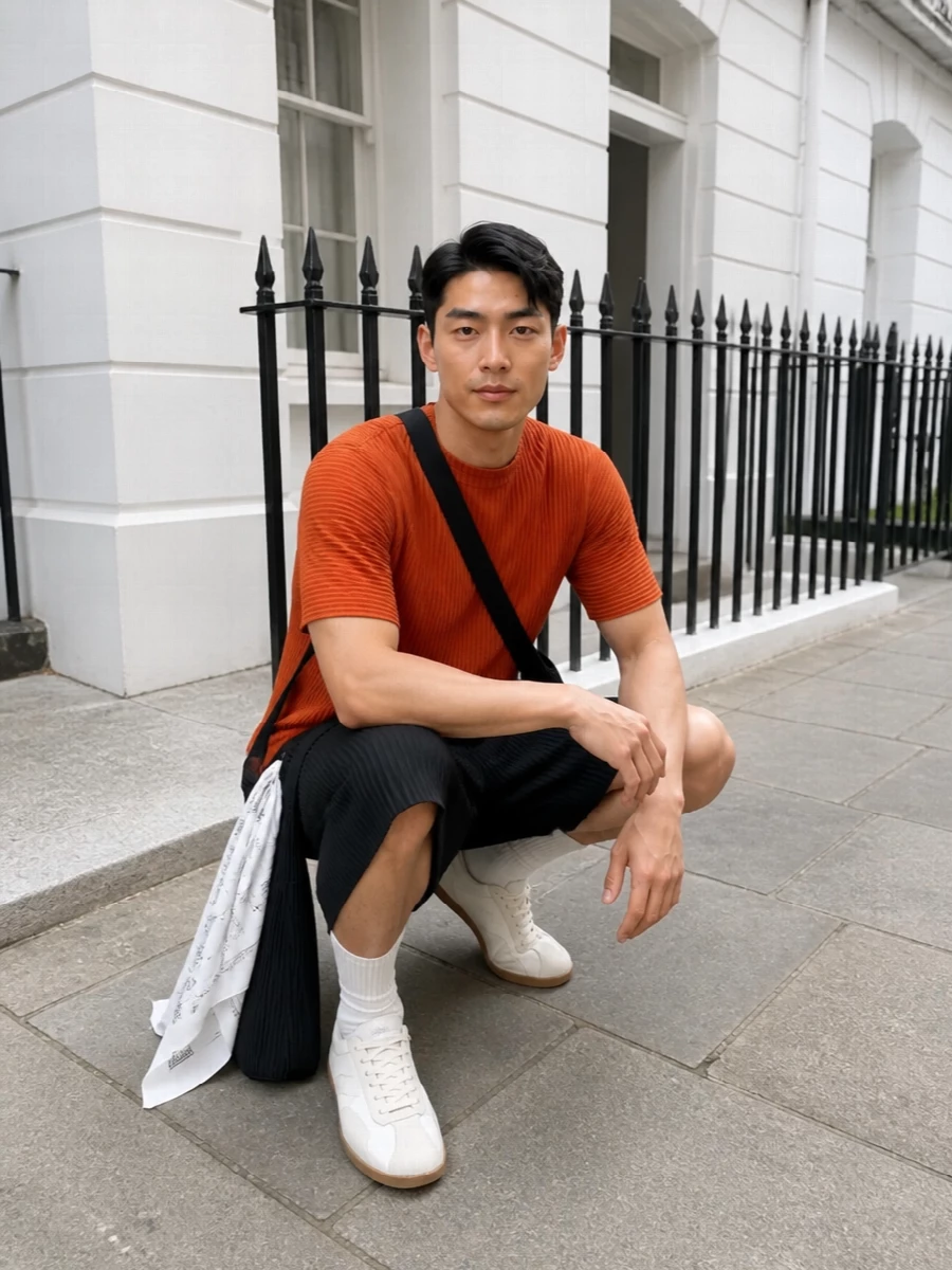 Burnt orange pleats meet inky black shorts for a crisp, graphic take on summer Homme Plissé. Off-white gum-sole trainers soften the contrast, while a sculptural black pleated crossbody and astral-print scarf keep the mood art-forward and quietly street. The result is an easy warm-weather uniform that feels directional without trying too hard.