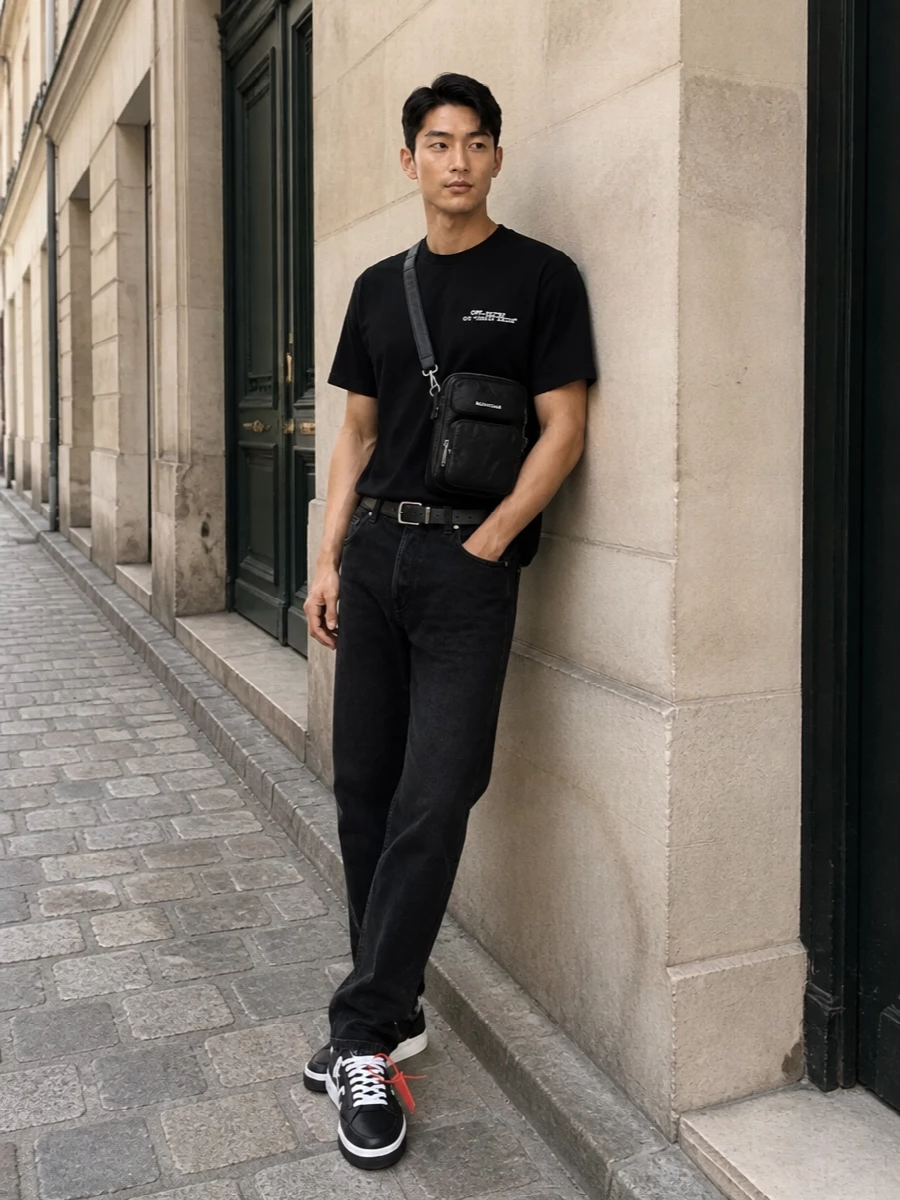 Off white black jeans logo tee streetwear outfit