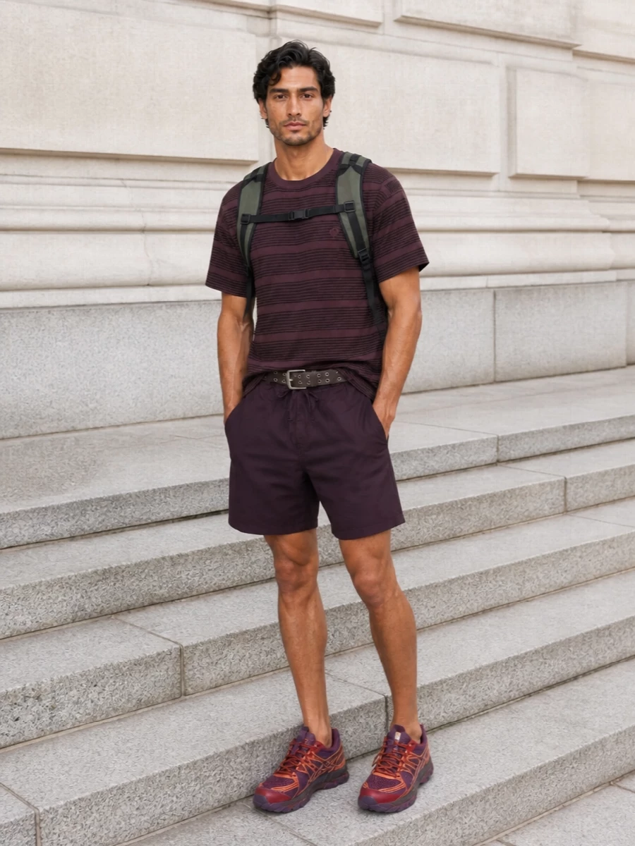 Carhartt plum shorts striped tee asics trainers
