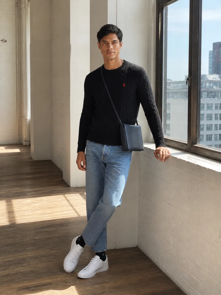 Polo black sweater jeans white sneakers
