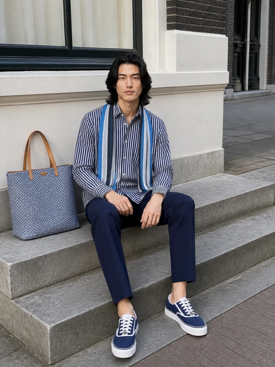 Comme des garcons striped shirt navy trousers