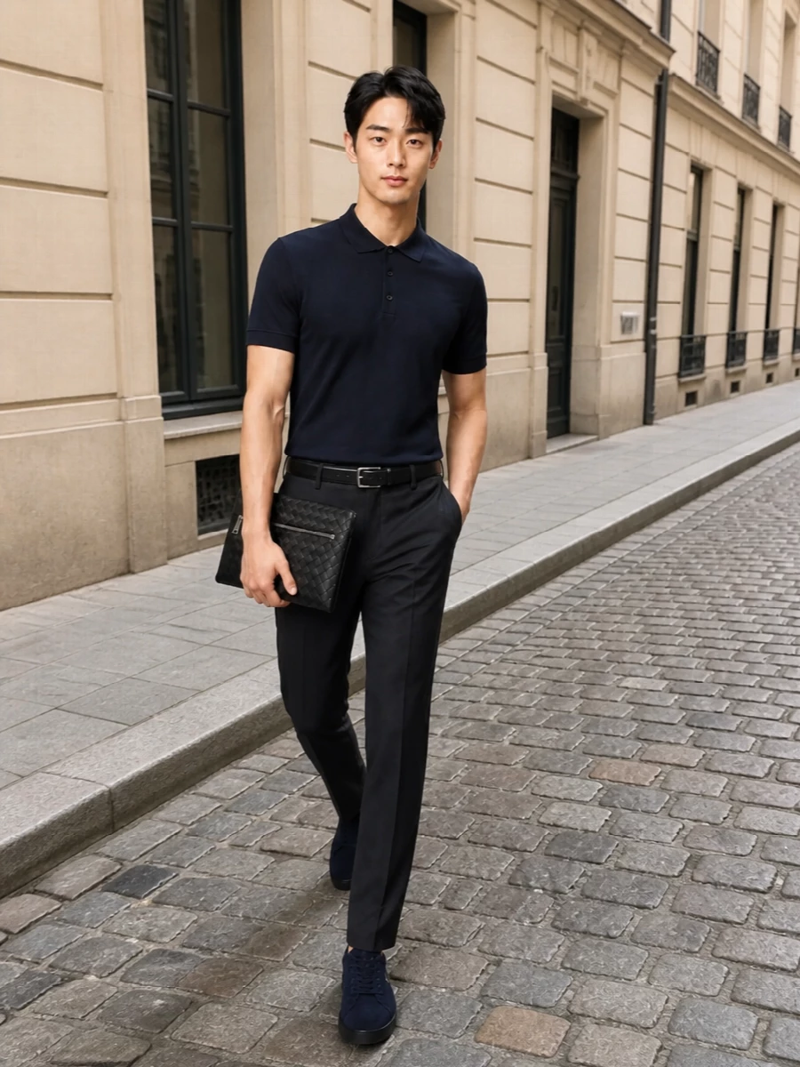 This look leans into a restrained, metropolitan palette: the ink-navy Zegna polo sits cleanly over charcoal tailored trousers for a quietly refined FW uniform. Navy suede sneakers add a soft, modern edge while the black intrecciato wristlet and slim belt finish things with subtle texture and high-end understatement, ideal for office-to-dinner dressing that never feels overdone.