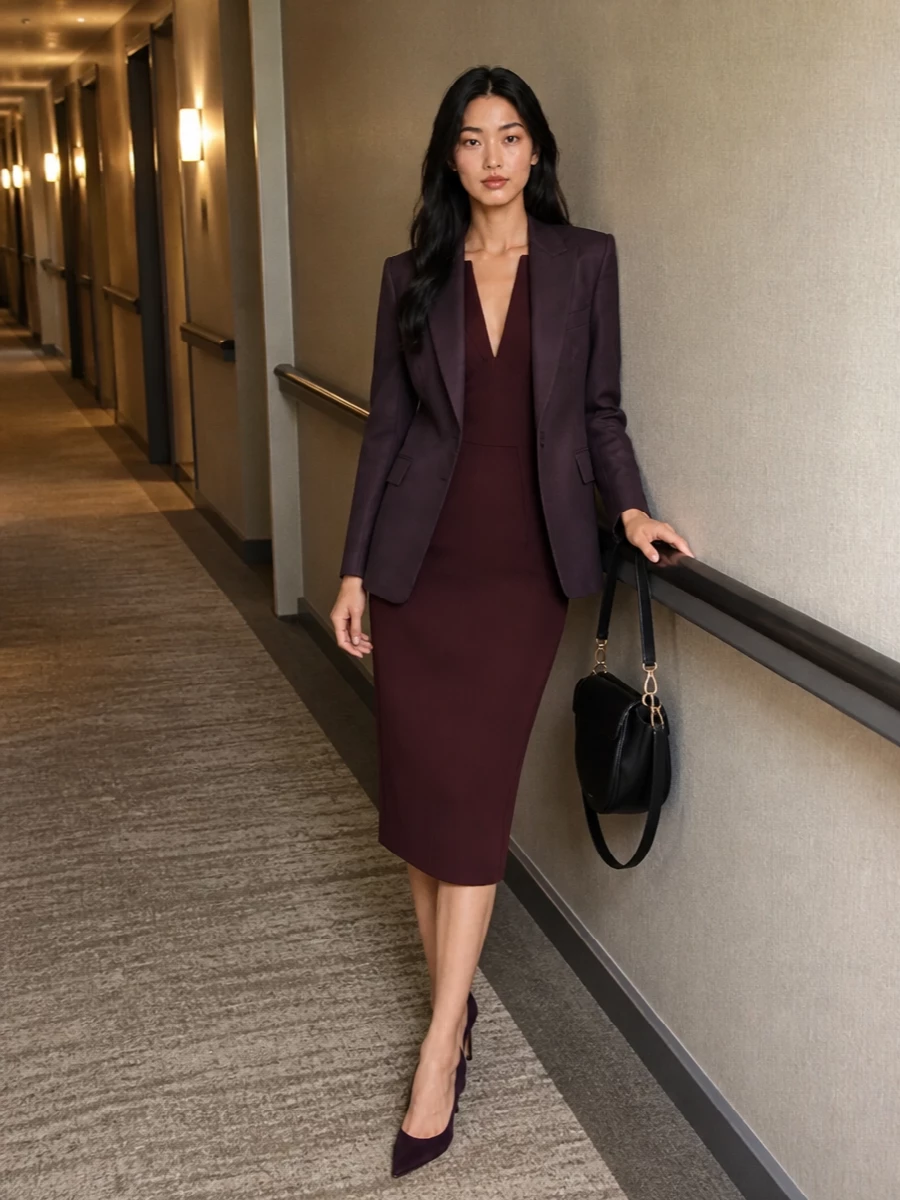 I’m anchoring the plum Anine Bing blazer with the Elisabetta Franchi burgundy sheath instead of separates, so the color story reads intentionally tonal and the silhouette stays clean for a dinner or event. The plum Jimmy Choo pumps deepen that wine palette without feeling matchy, while the black Wandler bag grounds everything in a sharp, modern way. It is a grown, minimal take on color that still feels precise and city ready.