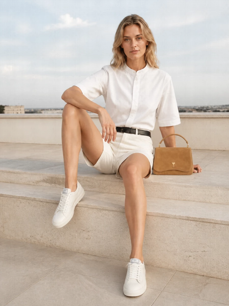 Ami paris white denim shorts minimalist shirt outfit