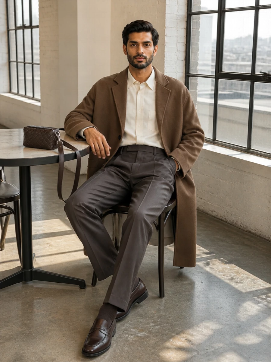 The row camel coat taupe trousers loafers