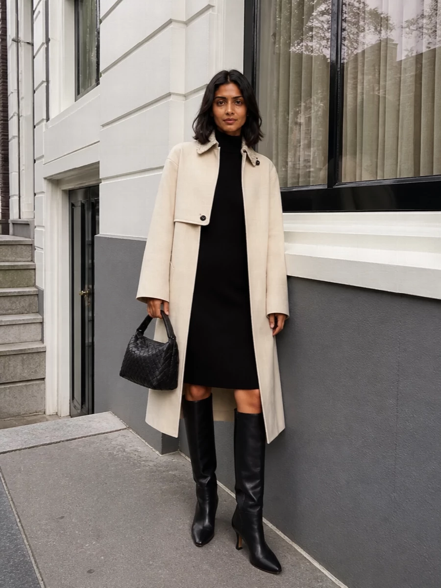 Bottega veneta cream coat black knit dress outfit