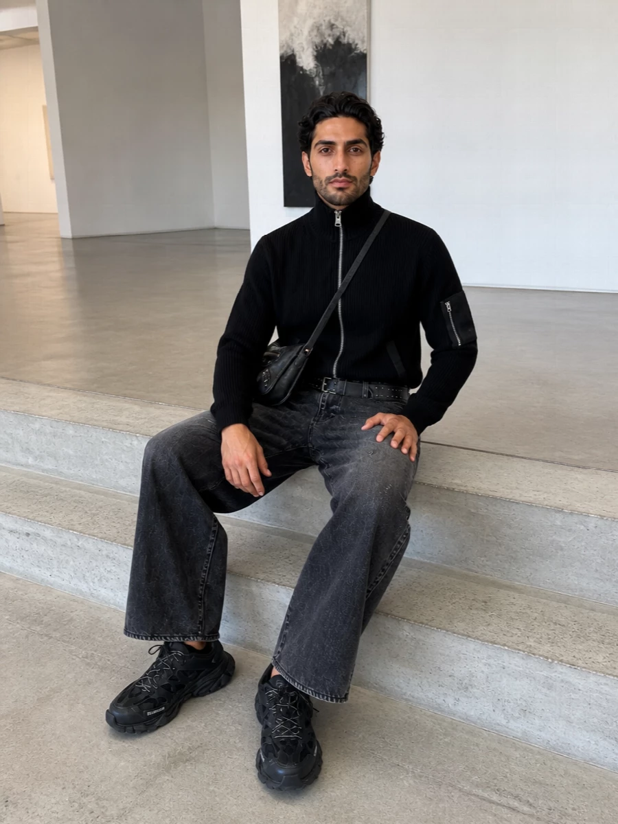 Sacai wide leg jeans black knit balenciaga sneakers