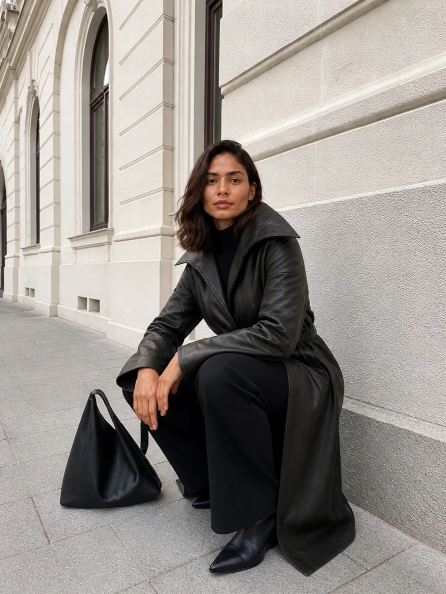 Rick owens leather coat black wide leg trousers